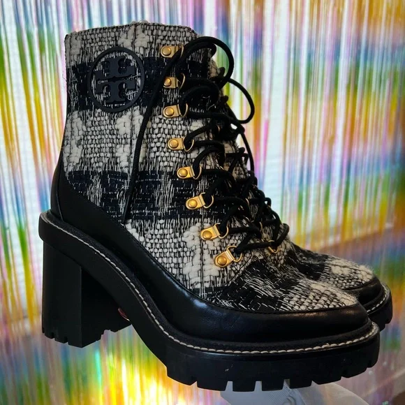 Tory Burch Black and Cream Tweed Lace-Up Block Heel Ankle Boots - Picture 4 of 8